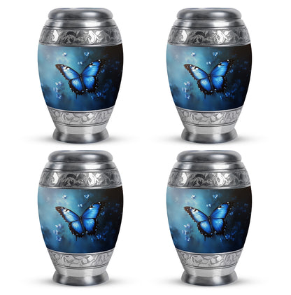 Vivid Blue Butterfly Cremation Urn urn with complimentary velvet bag - royal butterfly engraving with decorative scrollwork - 10 inch aluminum urn for cremated remains