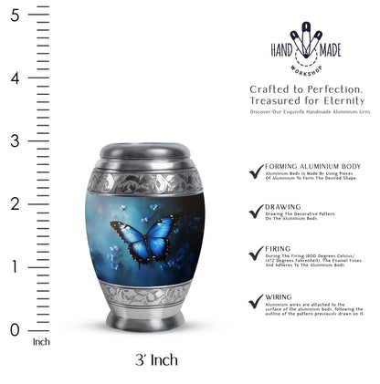 Sapphire Blue Butterfly Cremation Urn lifestyle display on memorial shelf - royal butterfly engraving with decorative scrollwork - mini keepsake memorial for portion of cremation ashes