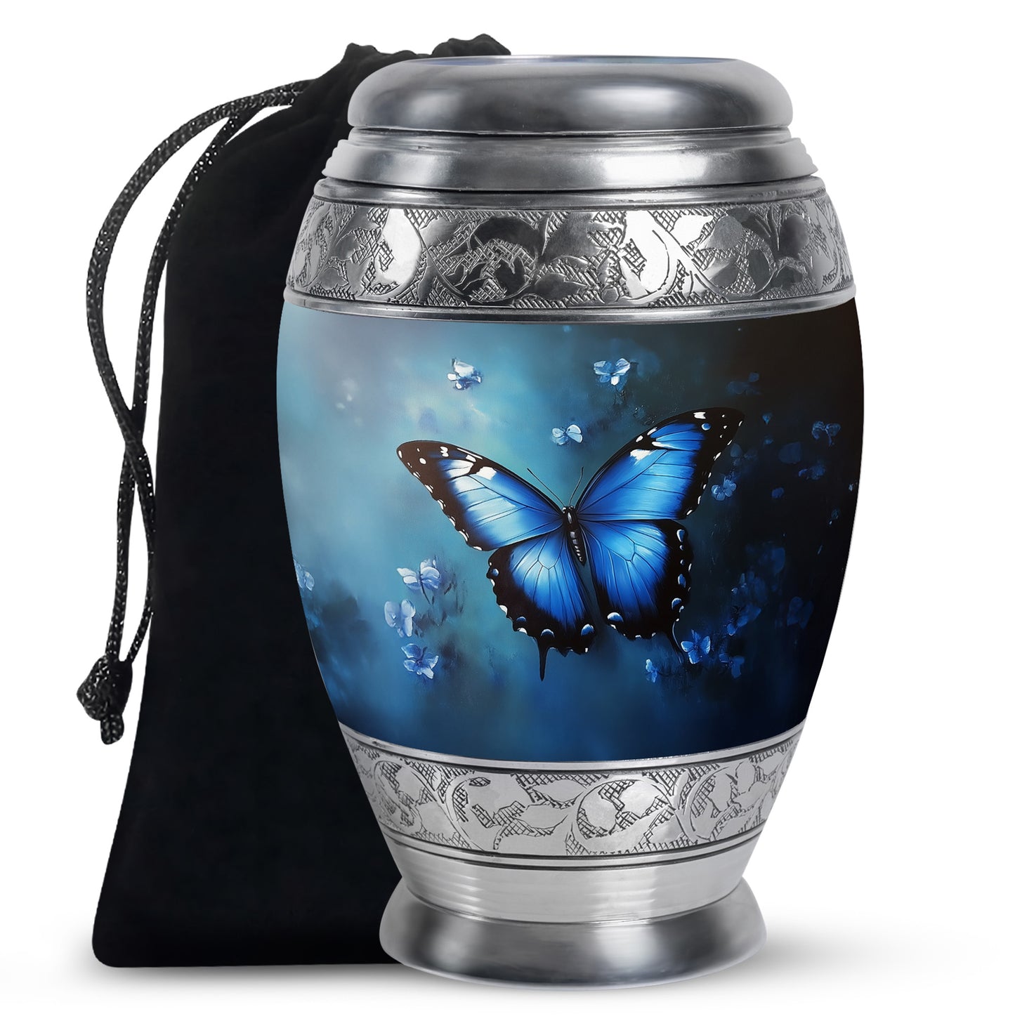Icy Blue Butterfly Cremation Urn back view with polished surface - ornate monarch-style butterfly relief on brushed aluminum - full-size 10 inch 200 cubic inch adult cremation urn