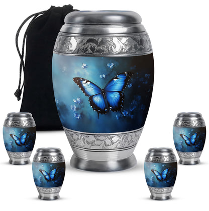 Soft Blue Butterfly Cremation Urn detail view - majestic butterfly pattern with filigree border - memorial set with one large and four small urns