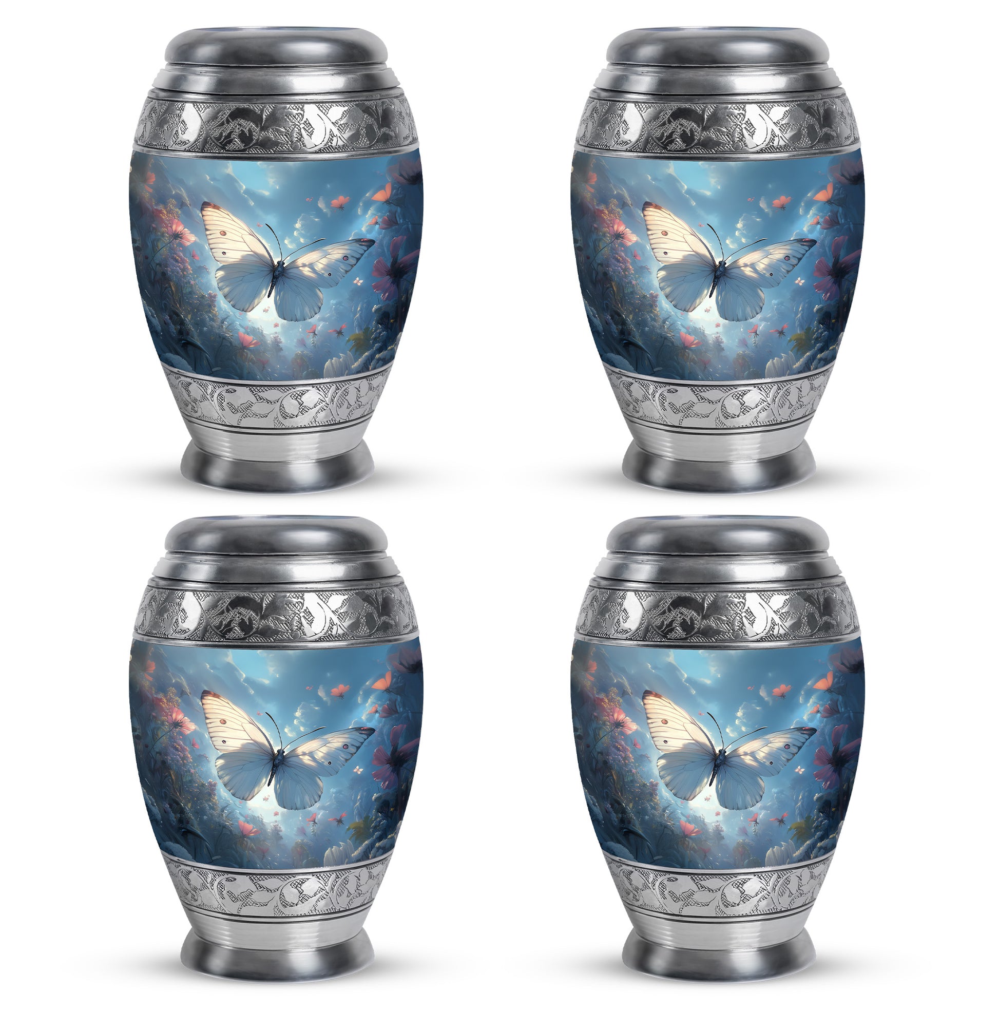 Navy Blue Butterfly Cremation Urn urn with complimentary velvet bag - ornate monarch-style butterfly relief on brushed aluminum - 10 inch aluminum urn for cremated remains