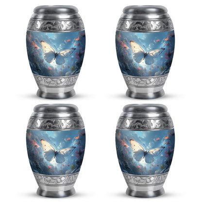 Navy Blue Butterfly Cremation Urn urn with complimentary velvet bag - ornate monarch-style butterfly relief on brushed aluminum - 10 inch aluminum urn for cremated remains