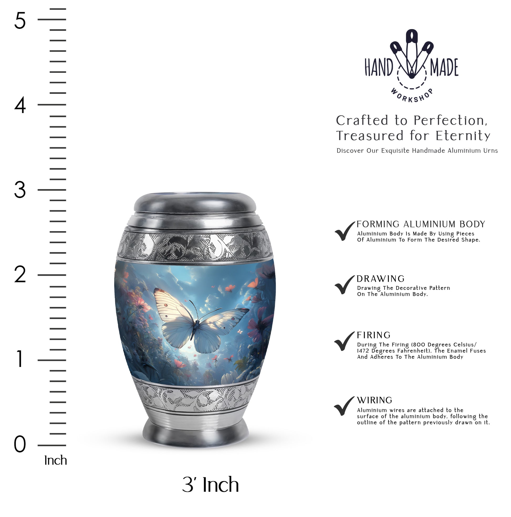 Azure Butterfly Cremation Urn lifestyle display on memorial shelf - ornate monarch-style butterfly relief on brushed aluminum - mini keepsake memorial for portion of cremation ashes