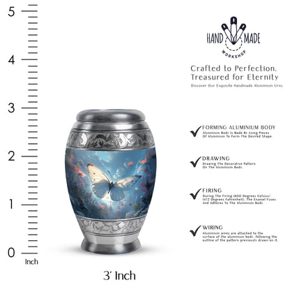 Azure Butterfly Cremation Urn lifestyle display on memorial shelf - ornate monarch-style butterfly relief on brushed aluminum - mini keepsake memorial for portion of cremation ashes