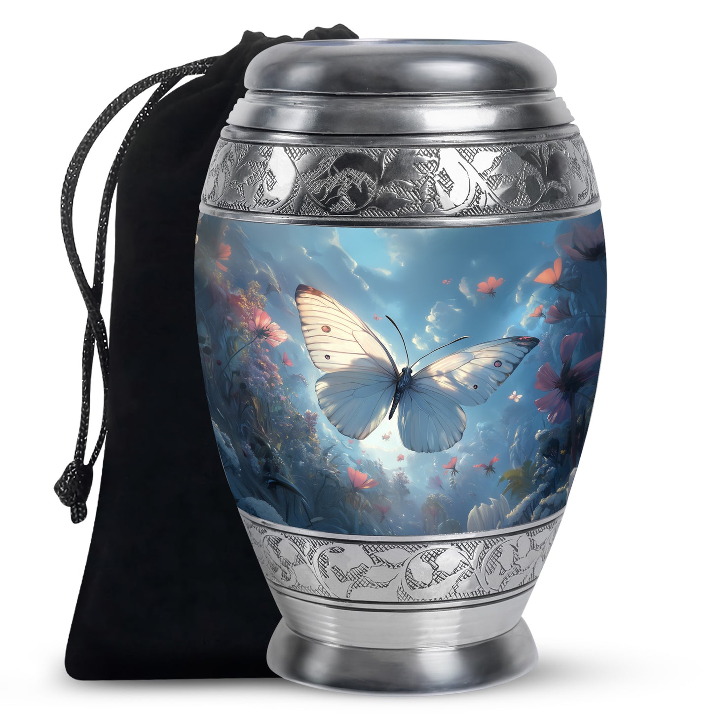 Cornflower Blue Butterfly Cremation Urn back view with polished surface - majestic butterfly pattern with filigree border - full-size 10 inch 200 cubic inch adult cremation urn