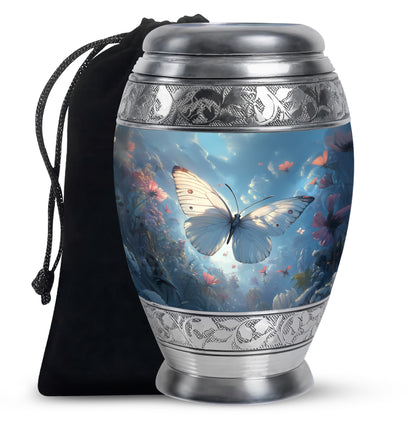 Cornflower Blue Butterfly Cremation Urn back view with polished surface - majestic butterfly pattern with filigree border - full-size 10 inch 200 cubic inch adult cremation urn