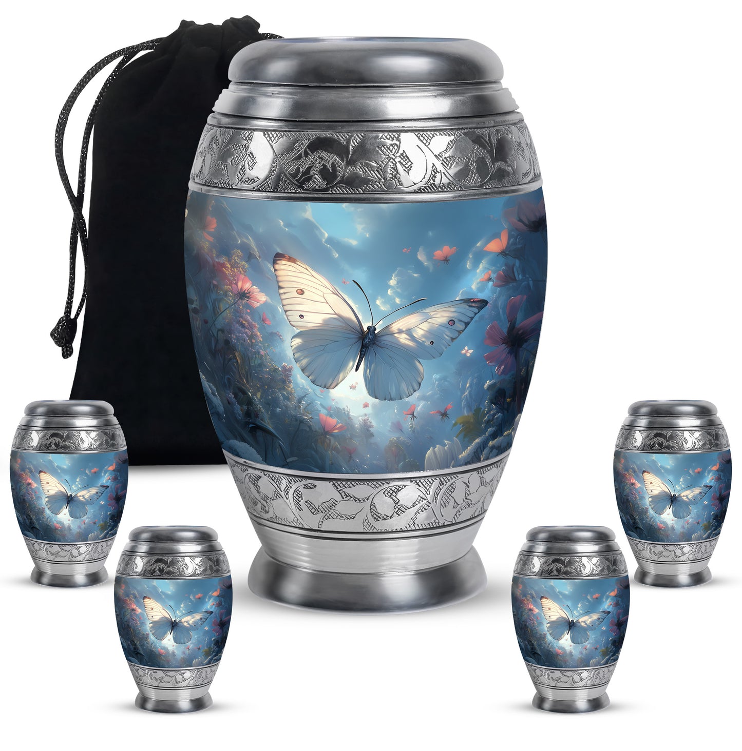 Powder Blue Butterfly Cremation Urn detail view - regal butterfly design with crown-inspired accents - memorial set with one large and four small urns