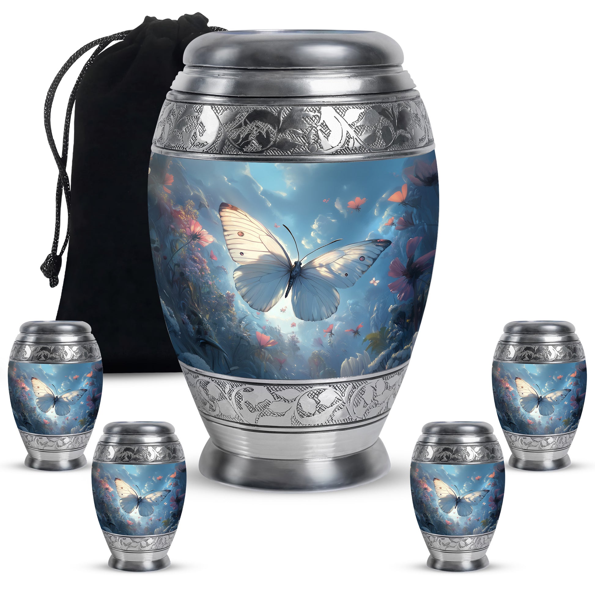 Powder Blue Butterfly Cremation Urn detail view - regal butterfly design with crown-inspired accents - memorial set with one large and four small urns