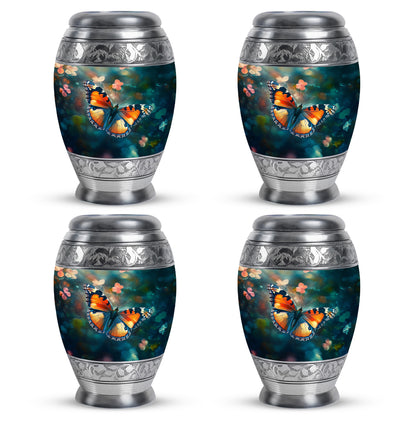 Cool Teal Butterfly Cremation Urn urn with complimentary velvet bag - regal butterfly design with crown-inspired accents - 10 inch aluminum urn for cremated remains