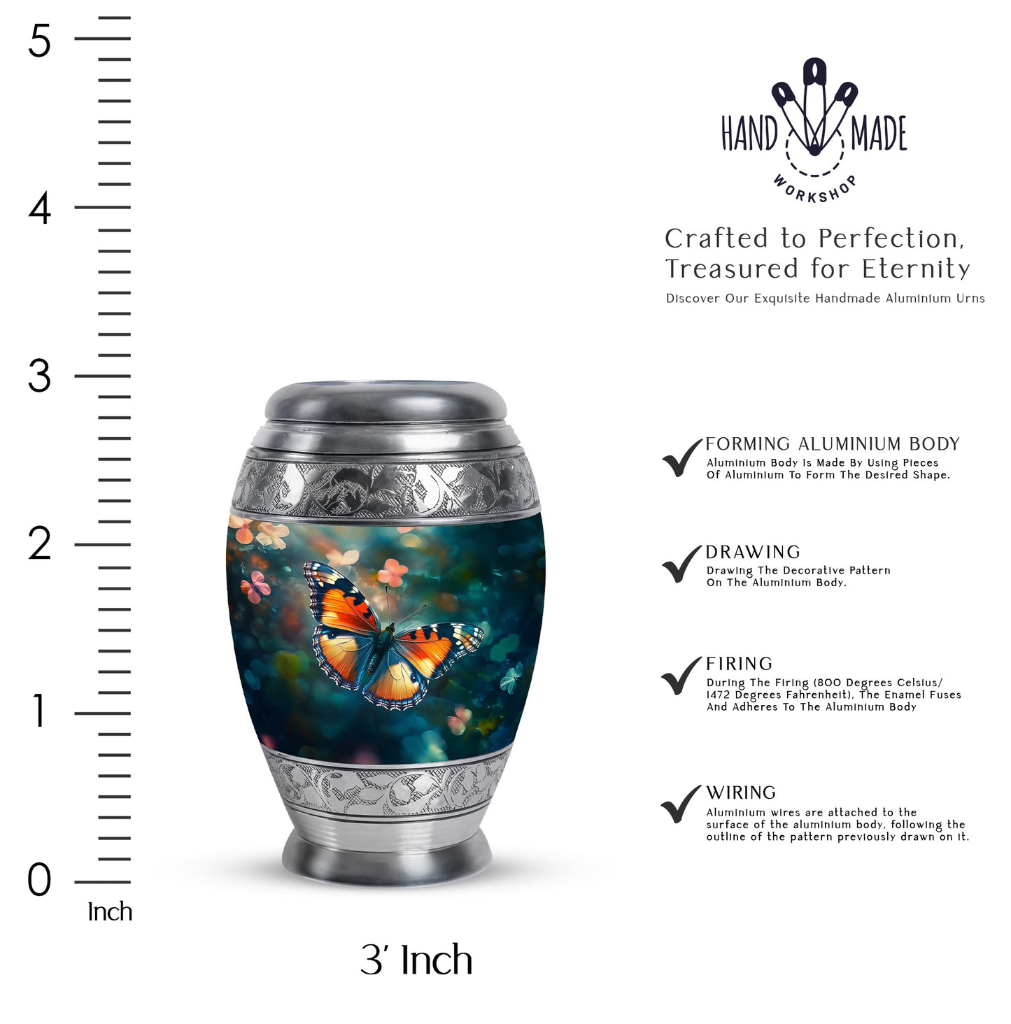 Mystic Teal Butterfly Cremation Urn lifestyle display on memorial shelf - royal butterfly engraving with decorative scrollwork - mini keepsake memorial for portion of cremation ashes