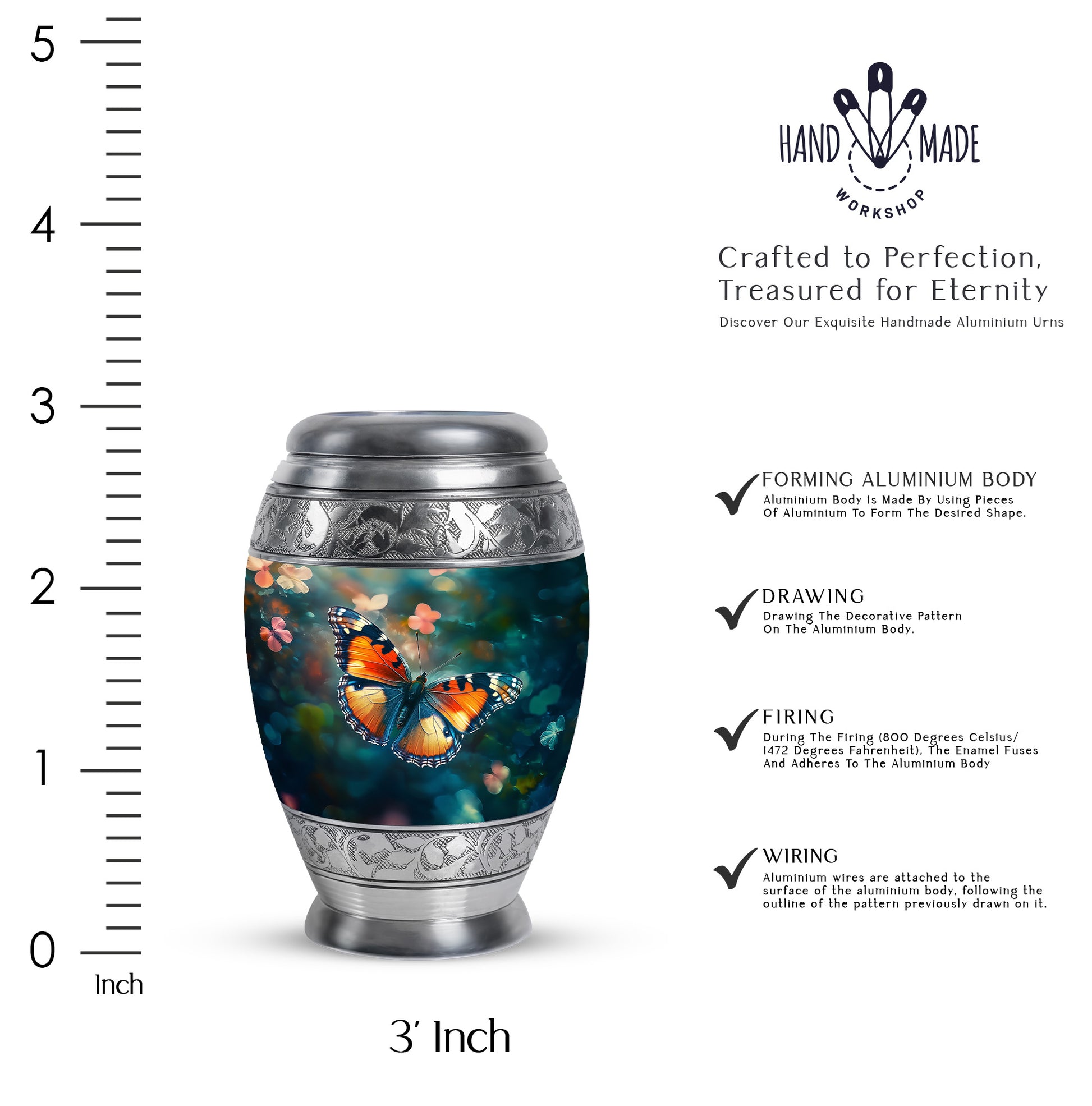 Mystic Teal Butterfly Cremation Urn lifestyle display on memorial shelf - royal butterfly engraving with decorative scrollwork - mini keepsake memorial for portion of cremation ashes