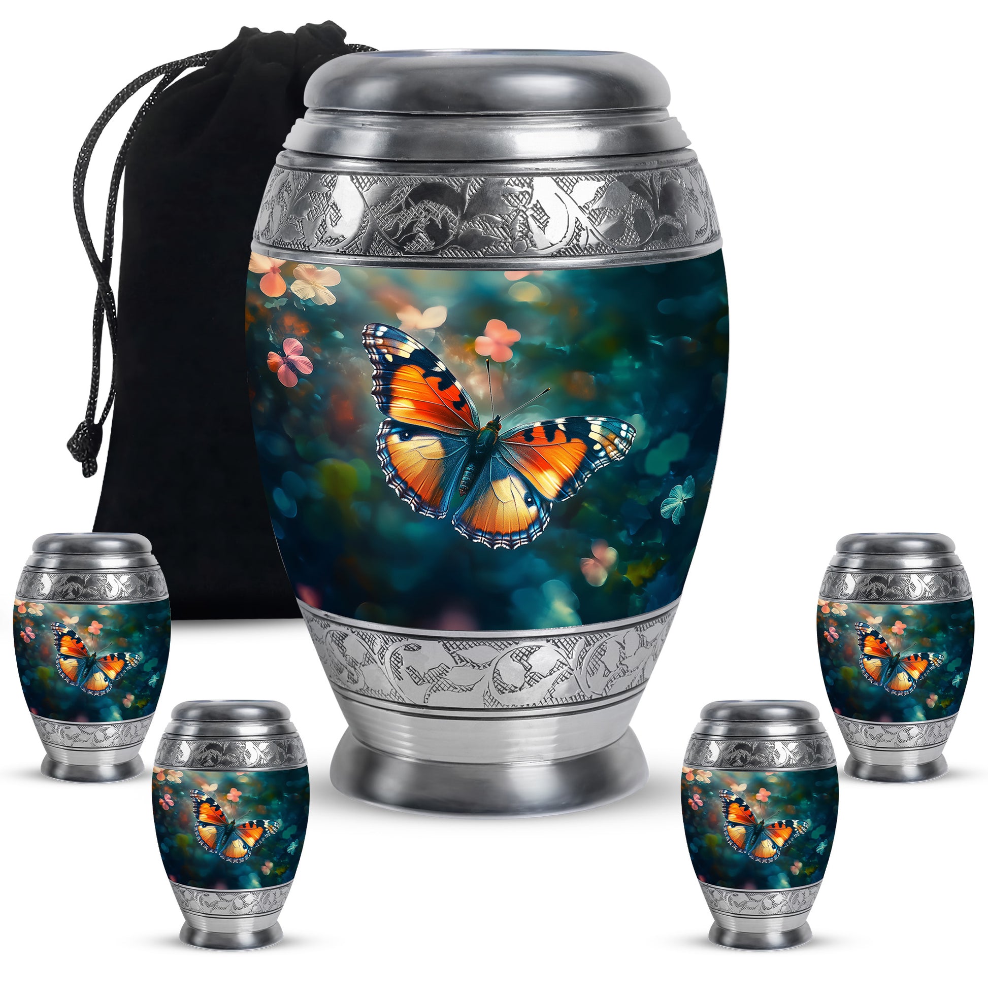 Vivid Teal Butterfly Cremation Urn detail view - majestic butterfly pattern with filigree border - memorial set with one large and four small urns