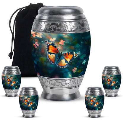 Vivid Teal Butterfly Cremation Urn detail view - majestic butterfly pattern with filigree border - memorial set with one large and four small urns