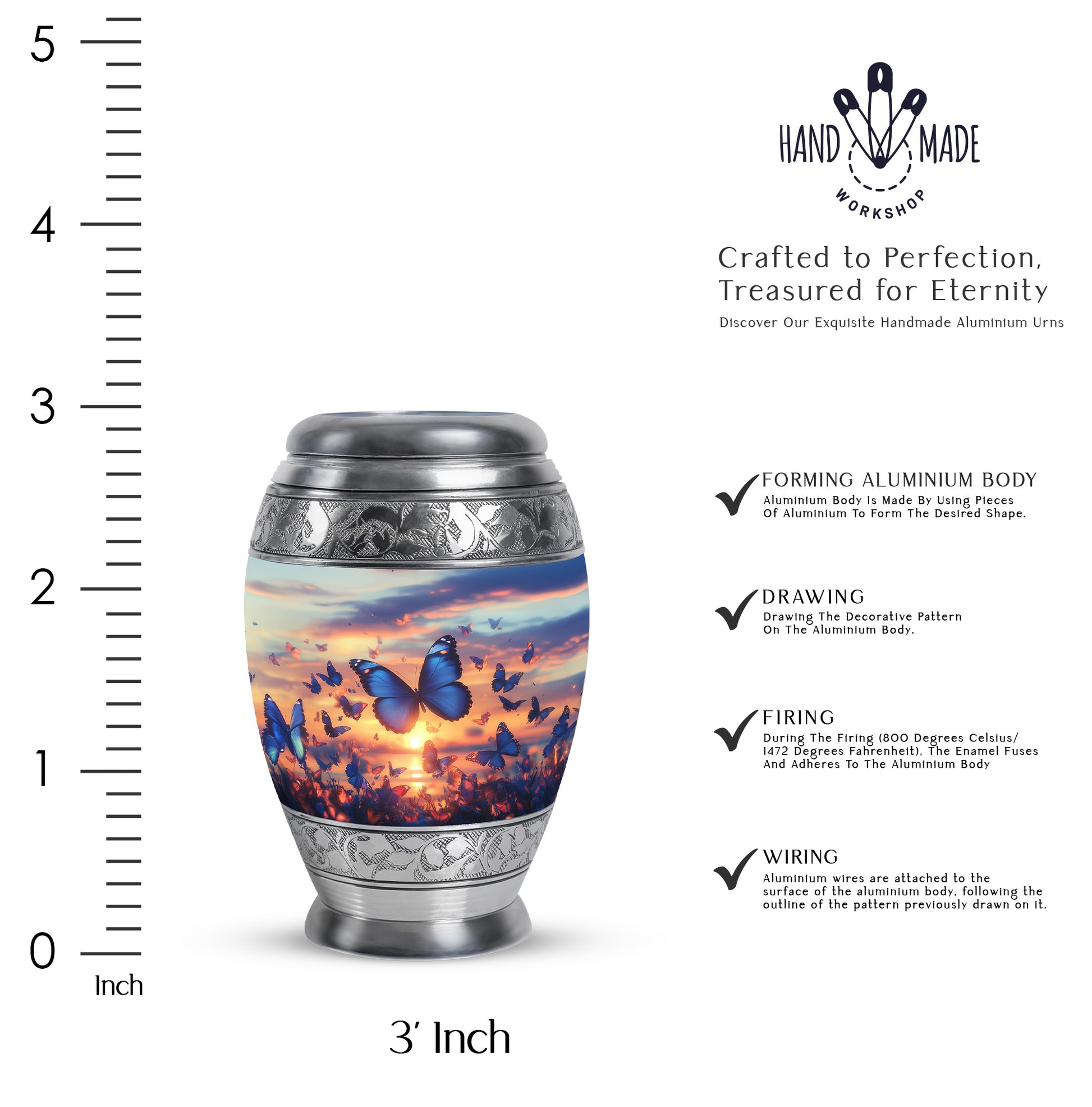 Sky Blue Butterfly Cremation Urn lifestyle display on memorial shelf - ornate monarch-style butterfly relief on brushed aluminum - mini keepsake memorial for portion of cremation ashes