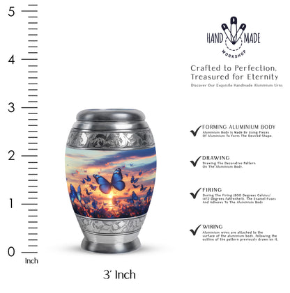 Sky Blue Butterfly Cremation Urn lifestyle display on memorial shelf - ornate monarch-style butterfly relief on brushed aluminum - mini keepsake memorial for portion of cremation ashes