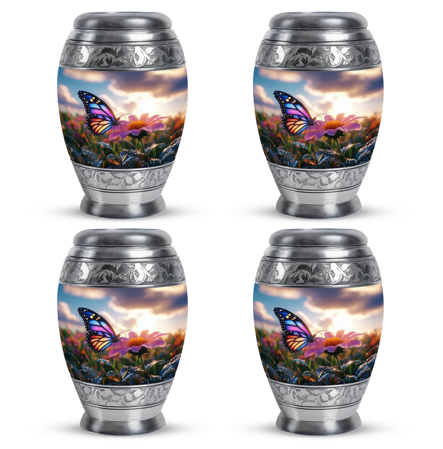 Pastel Blue Butterfly Cremation Urn urn with complimentary velvet bag - ornate monarch-style butterfly relief on brushed aluminum - 10 inch aluminum urn for cremated remains
