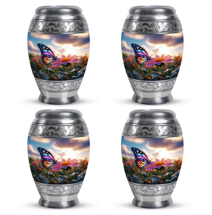Pastel Blue Butterfly Cremation Urn urn with complimentary velvet bag - ornate monarch-style butterfly relief on brushed aluminum - 10 inch aluminum urn for cremated remains