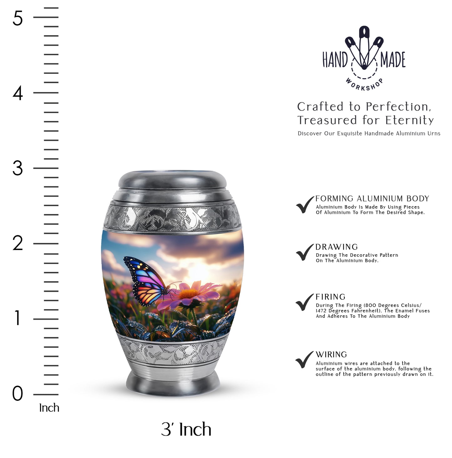 Slate Blue Butterfly Cremation Urn lifestyle display on memorial shelf - ornate monarch-style butterfly relief on brushed aluminum - mini keepsake memorial for portion of cremation ashes