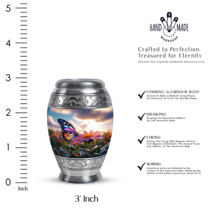 Slate Blue Butterfly Cremation Urn lifestyle display on memorial shelf - ornate monarch-style butterfly relief on brushed aluminum - mini keepsake memorial for portion of cremation ashes