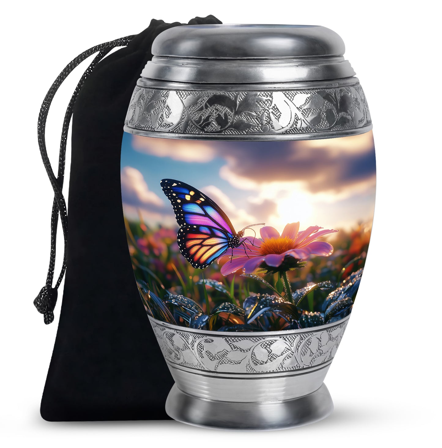 Calming Blue Butterfly Cremation Urn back view with polished surface - majestic butterfly pattern with filigree border - full-size 10 inch 200 cubic inch adult cremation urn