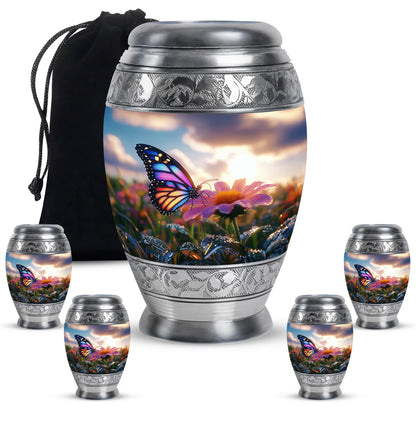 Misty Blue Butterfly Cremation Urn detail view - regal butterfly design with crown-inspired accents - memorial set with one large and four small urns