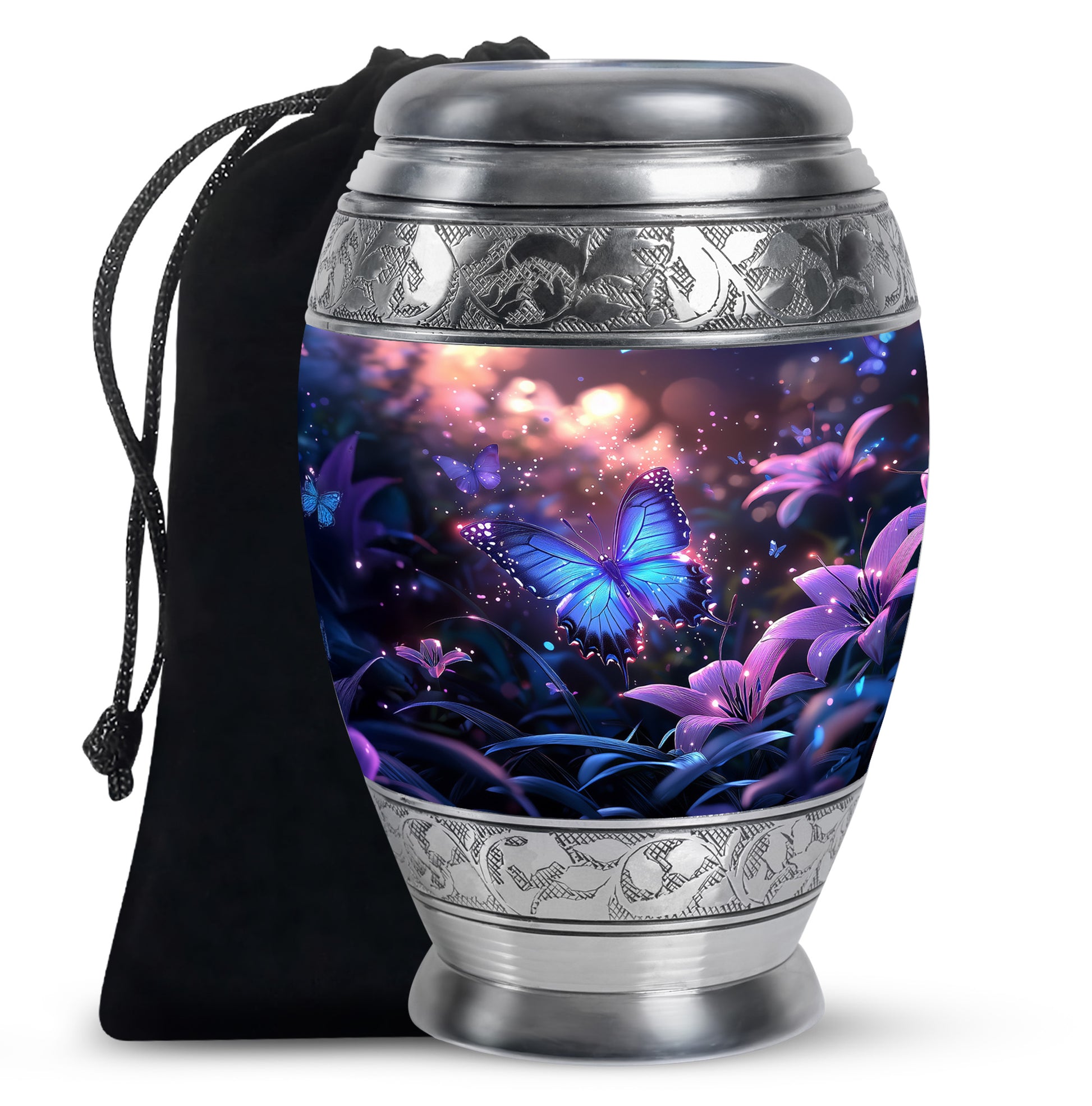 Vintage Pink Butterfly Cremation Urn back view with polished surface - royal butterfly engraving with decorative scrollwork - full-size 10 inch 200 cubic inch adult cremation urn