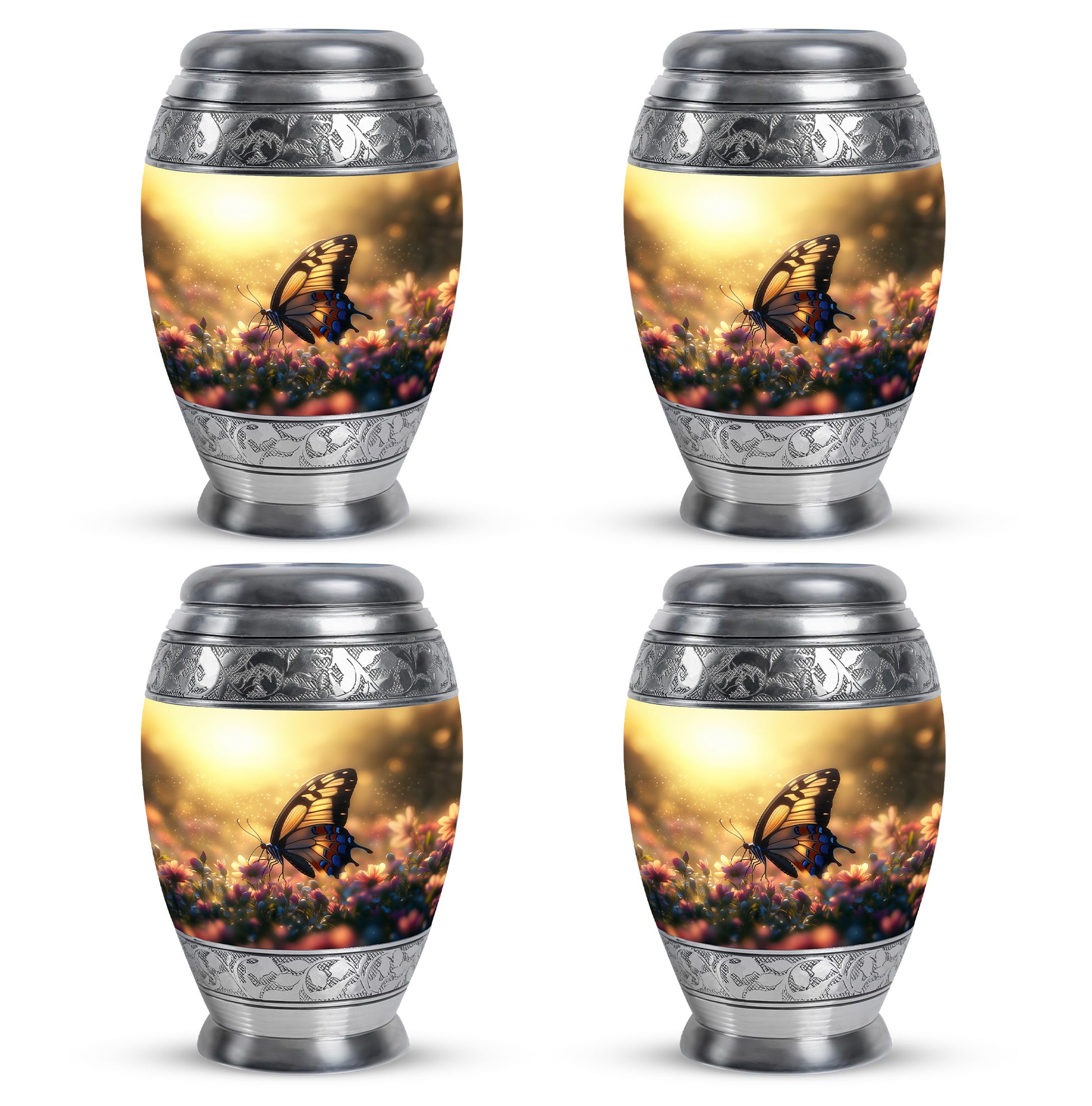 Amber Gold Butterfly Cremation Urn urn with complimentary velvet bag - regal butterfly design with crown-inspired accents - 10 inch aluminum urn for cremated remains