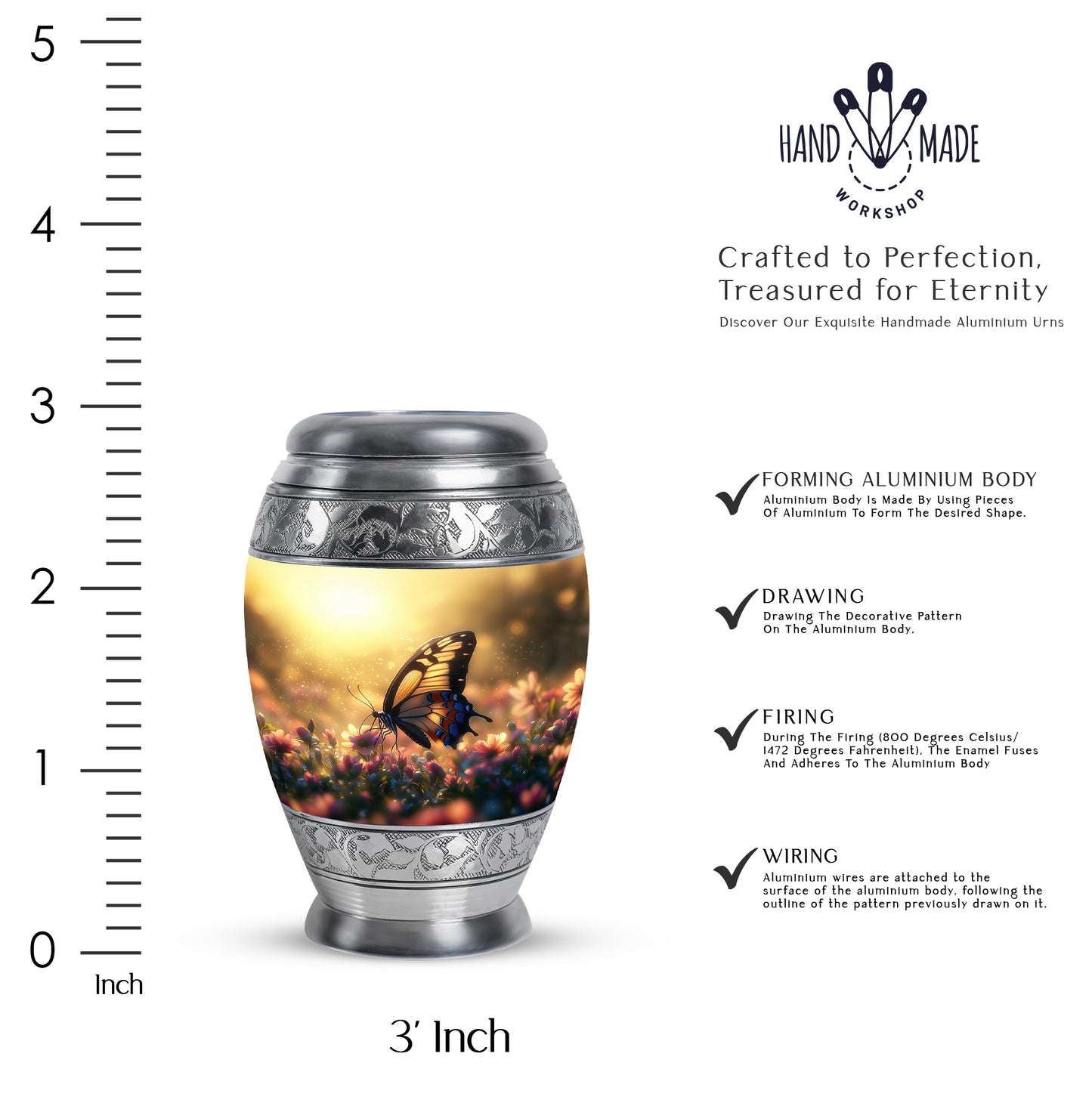 Royal Gold Butterfly Cremation Urn lifestyle display on memorial shelf - royal butterfly engraving with decorative scrollwork - mini keepsake memorial for portion of cremation ashes