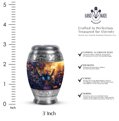 Antique Gold Butterfly Cremation Urn lifestyle display on memorial shelf - ornate monarch-style butterfly relief on brushed aluminum - mini keepsake memorial for portion of cremation ashes