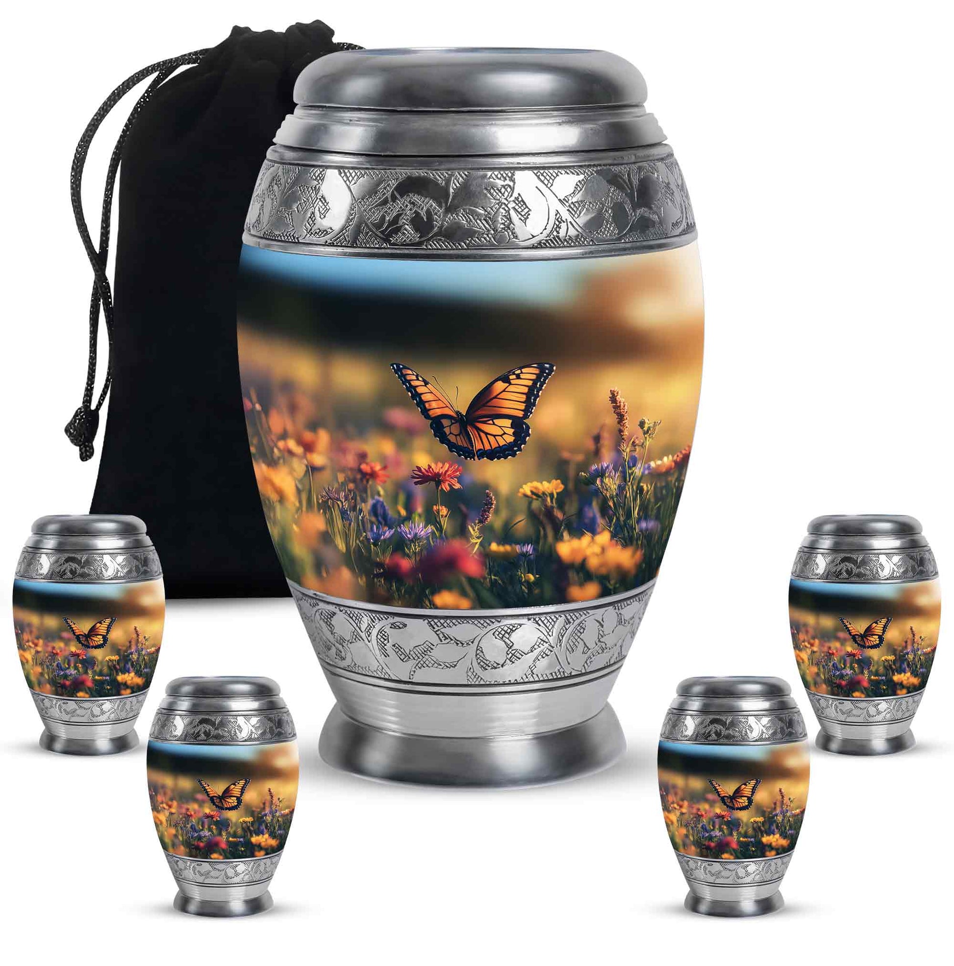 Glossy Black Butterfly Cremation Urn detail view - ornate monarch-style butterfly relief on brushed aluminum - memorial set with one large and four small urns