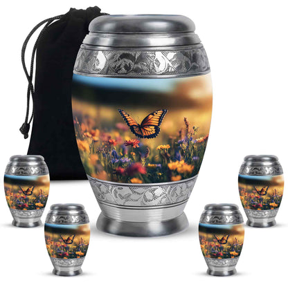 Glossy Black Butterfly Cremation Urn detail view - ornate monarch-style butterfly relief on brushed aluminum - memorial set with one large and four small urns