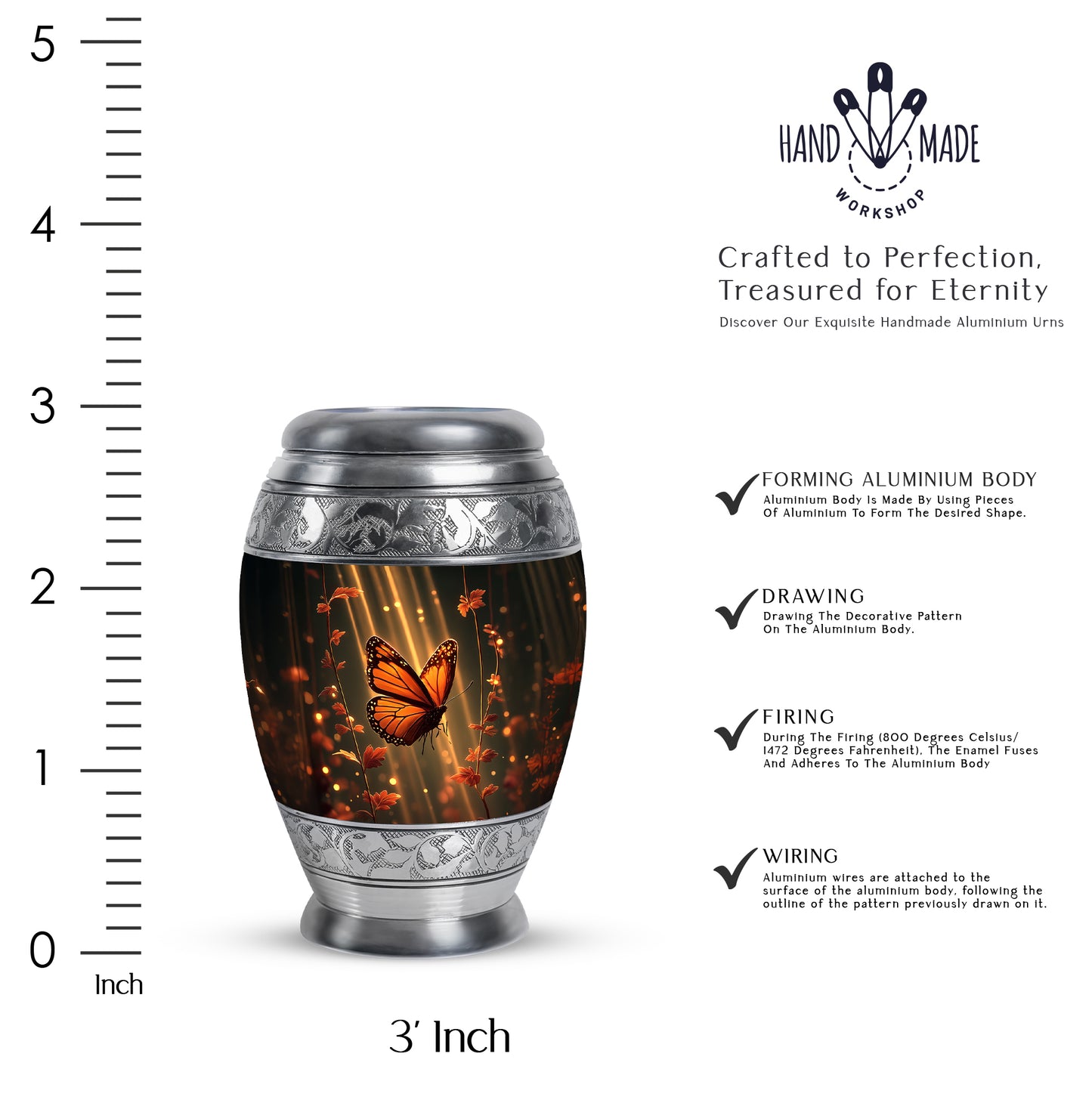 Deep Black Butterfly Cremation Urn lifestyle display on memorial shelf - ornate monarch-style butterfly relief on brushed aluminum - mini keepsake memorial for portion of cremation ashes