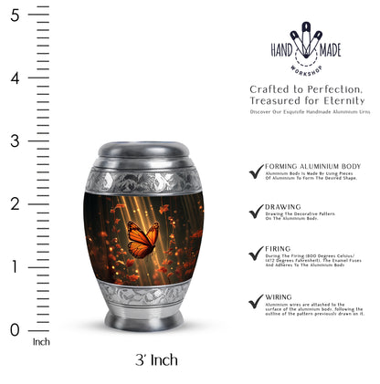 Deep Black Butterfly Cremation Urn lifestyle display on memorial shelf - ornate monarch-style butterfly relief on brushed aluminum - mini keepsake memorial for portion of cremation ashes