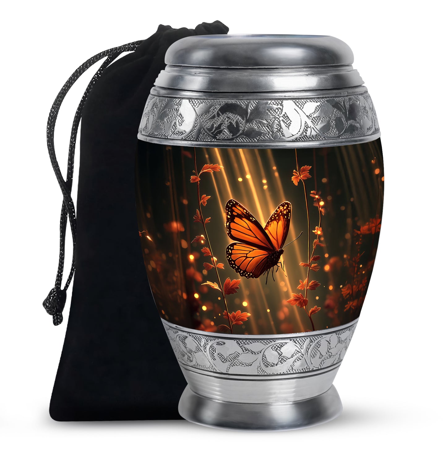 Deep Black Butterfly Cremation Urn back view with polished surface - ornate monarch-style butterfly relief on brushed aluminum - full-size 10 inch 200 cubic inch adult cremation urn