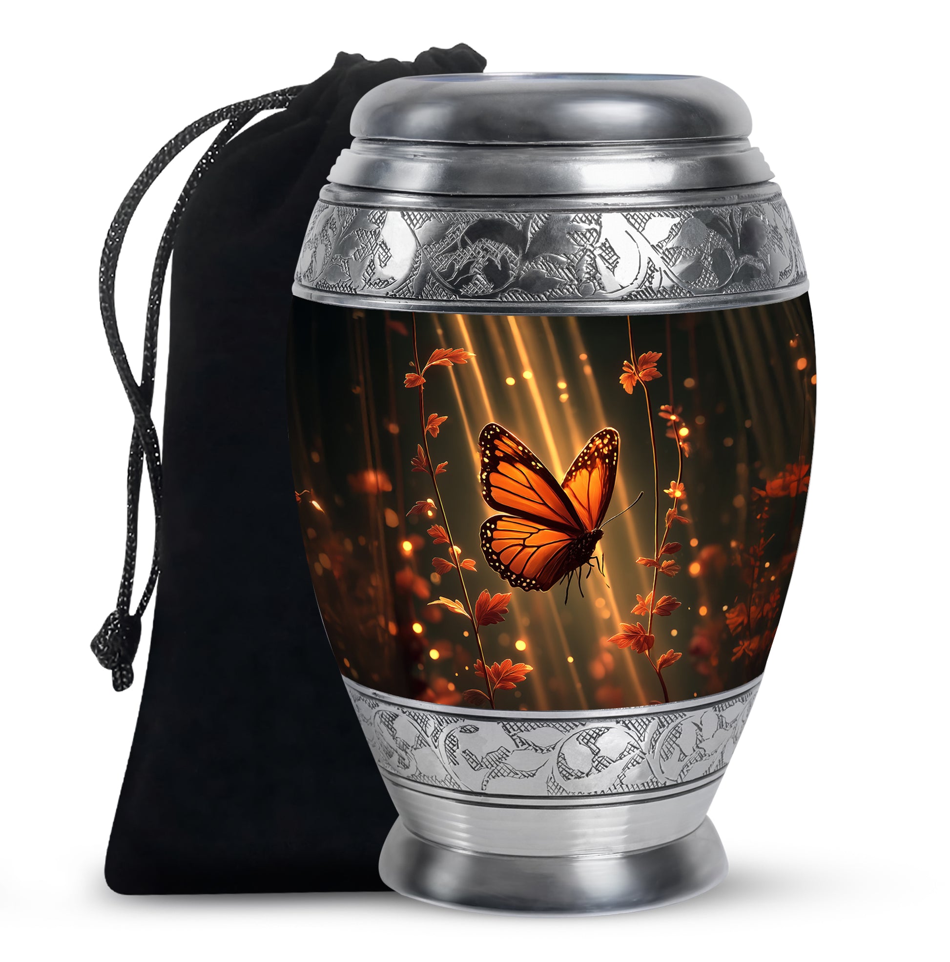 Deep Black Butterfly Cremation Urn back view with polished surface - ornate monarch-style butterfly relief on brushed aluminum - full-size 10 inch 200 cubic inch adult cremation urn