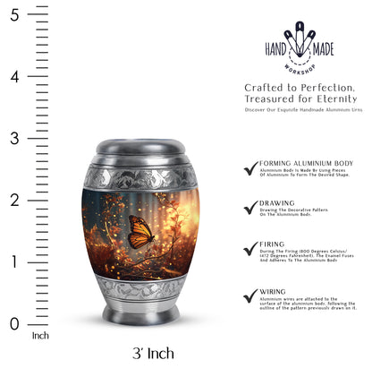 Vivid Blue Butterfly Cremation Urn lifestyle display on memorial shelf - royal butterfly engraving with decorative scrollwork - mini keepsake memorial for portion of cremation ashes