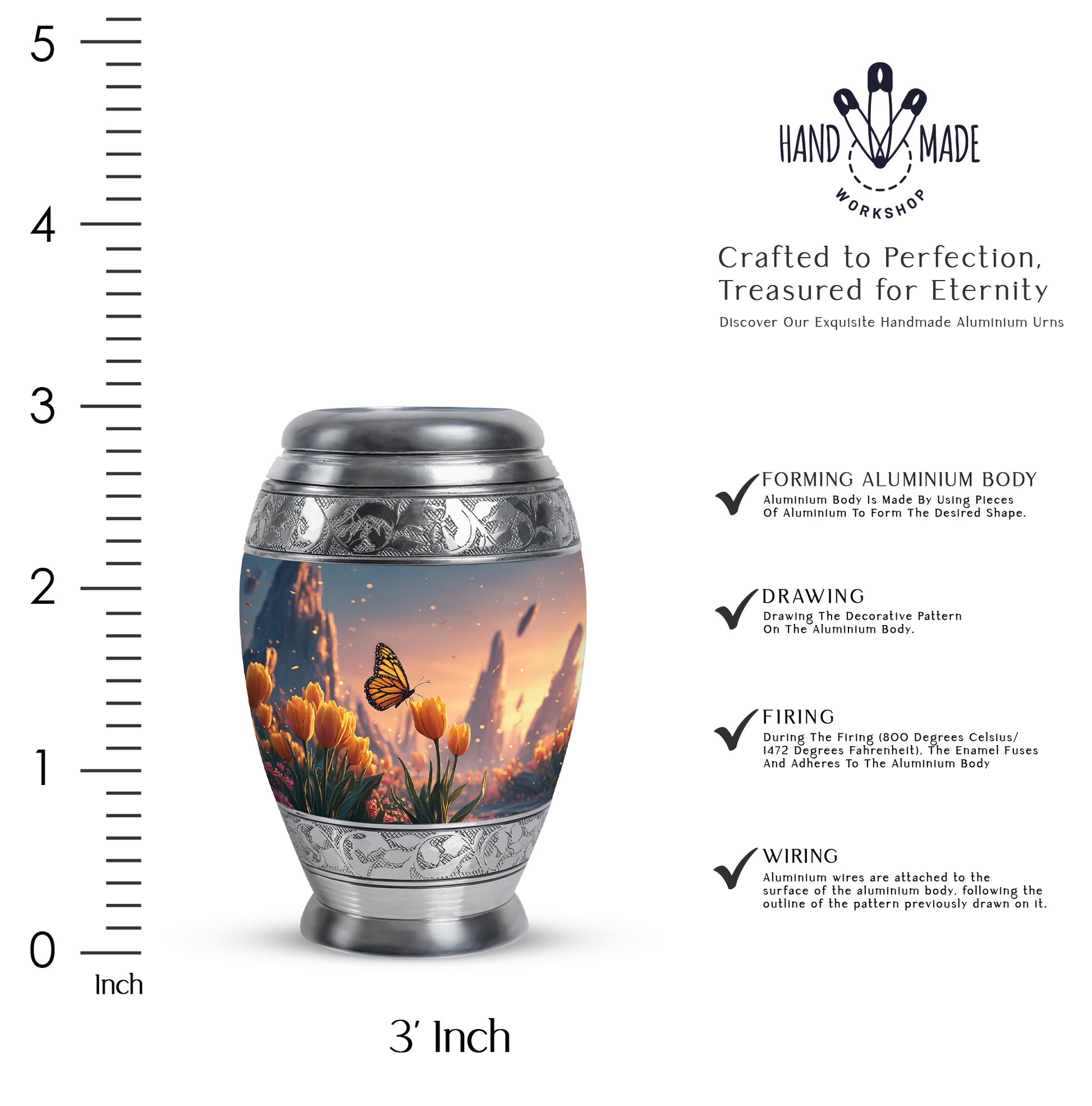 Ruby Red Butterfly Cremation Urn lifestyle display on memorial shelf - majestic butterfly pattern with filigree border - mini keepsake memorial for portion of cremation ashes