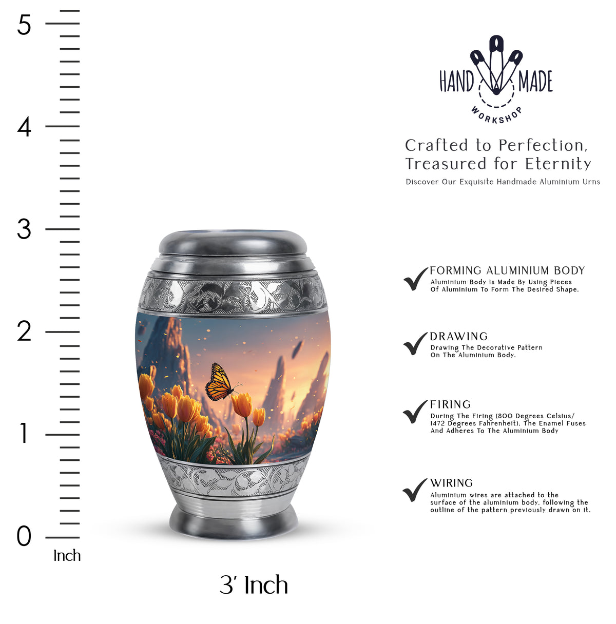 Ruby Red Butterfly Cremation Urn lifestyle display on memorial shelf - majestic butterfly pattern with filigree border - mini keepsake memorial for portion of cremation ashes