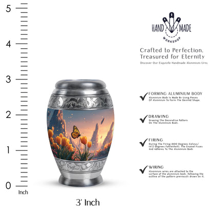 Ruby Red Butterfly Cremation Urn lifestyle display on memorial shelf - majestic butterfly pattern with filigree border - mini keepsake memorial for portion of cremation ashes