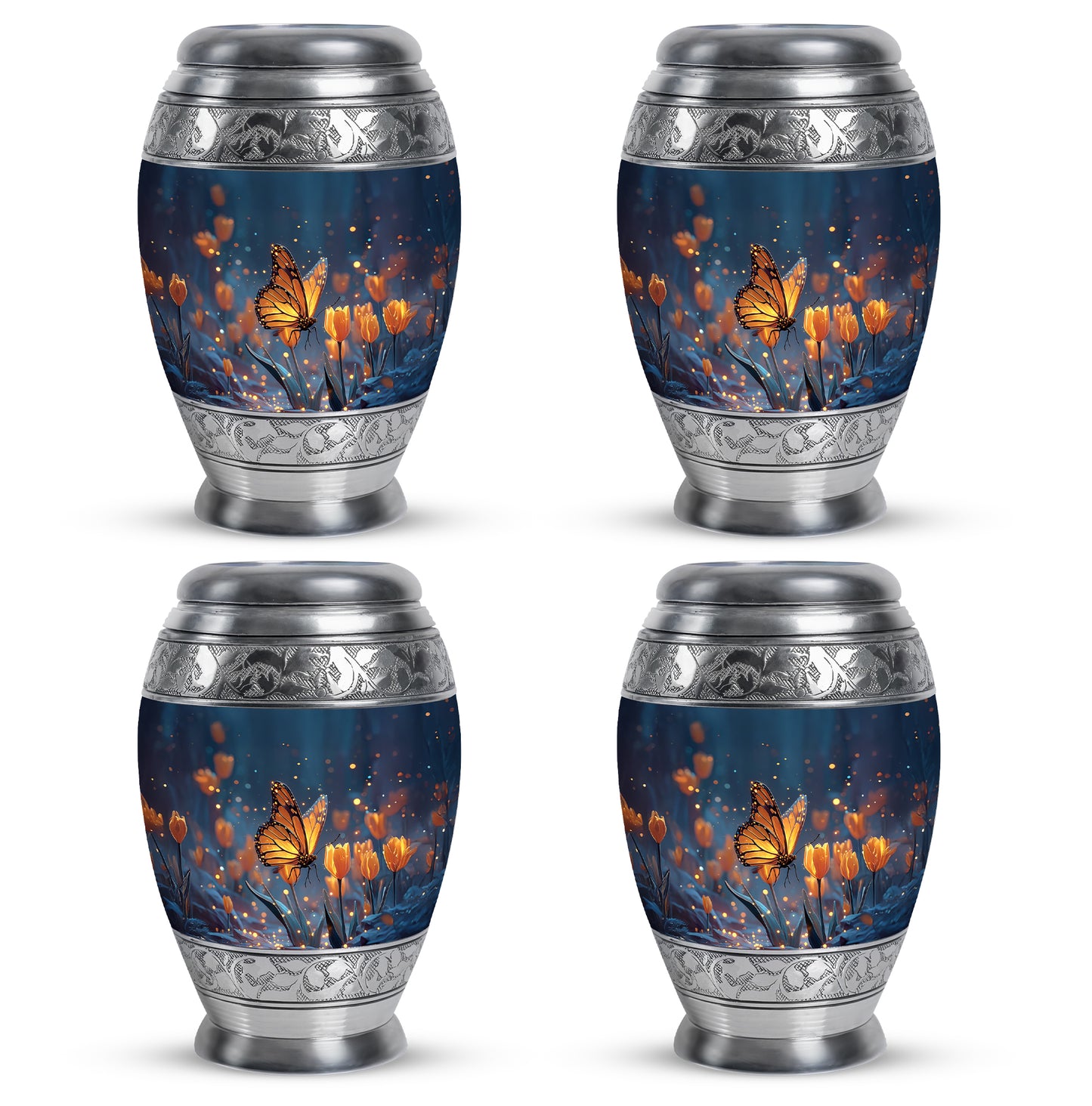 Icy Blue Butterfly Cremation Urn urn with complimentary velvet bag - regal butterfly design with crown-inspired accents - 10 inch aluminum urn for cremated remains