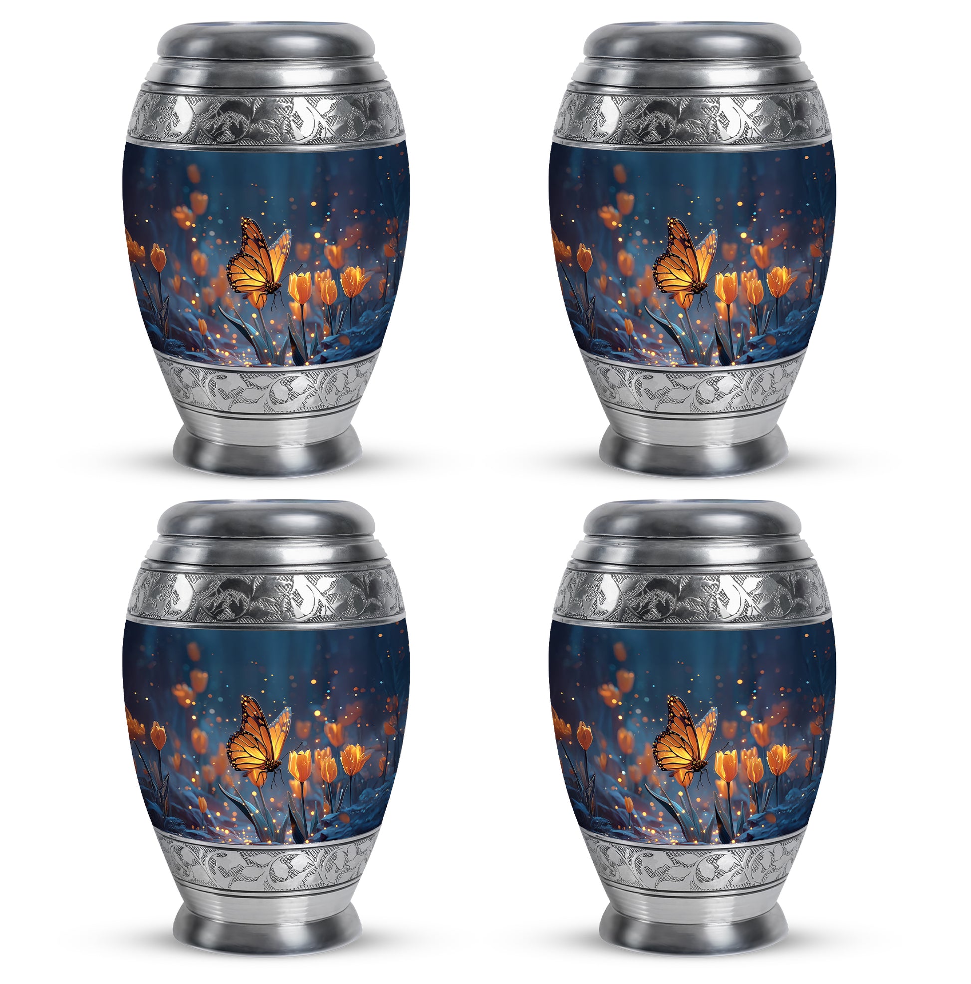 Icy Blue Butterfly Cremation Urn urn with complimentary velvet bag - regal butterfly design with crown-inspired accents - 10 inch aluminum urn for cremated remains