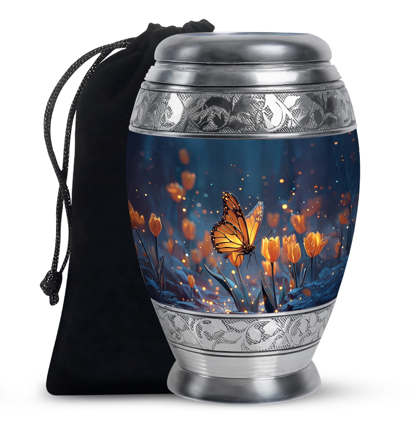 Slate Blue Butterfly Cremation Urn back view with polished surface - ornate monarch-style butterfly relief on brushed aluminum - full-size 10 inch 200 cubic inch adult cremation urn