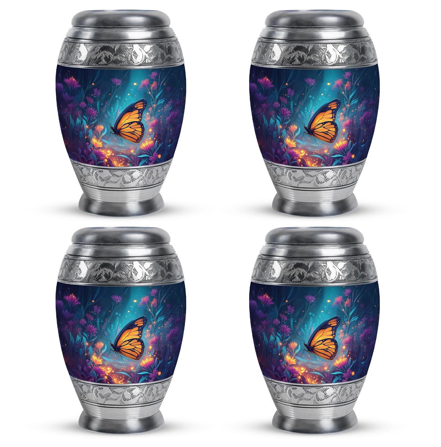 Azure Butterfly Cremation Urn urn with complimentary velvet bag - regal butterfly design with crown-inspired accents - 10 inch aluminum urn for cremated remains