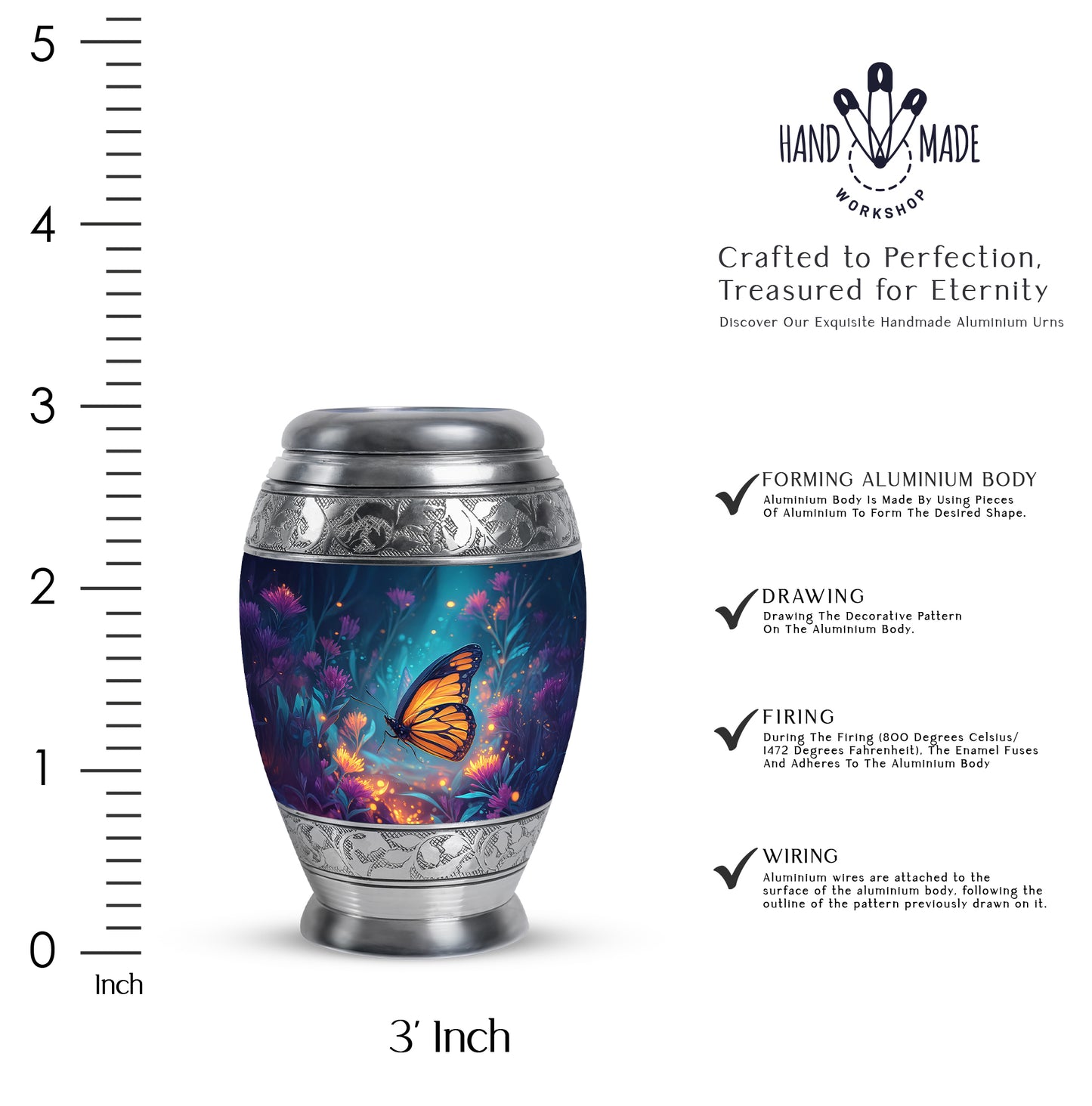 Icy Blue Butterfly Cremation Urn lifestyle display on memorial shelf - ornate monarch-style butterfly relief on brushed aluminum - mini keepsake memorial for portion of cremation ashes