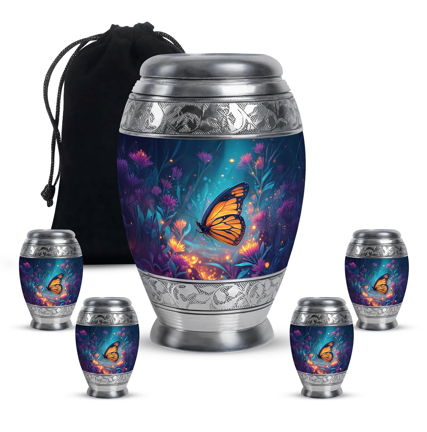 Vivid Blue Butterfly Cremation Urn detail view - majestic butterfly pattern with filigree border - memorial set with one large and four small urns