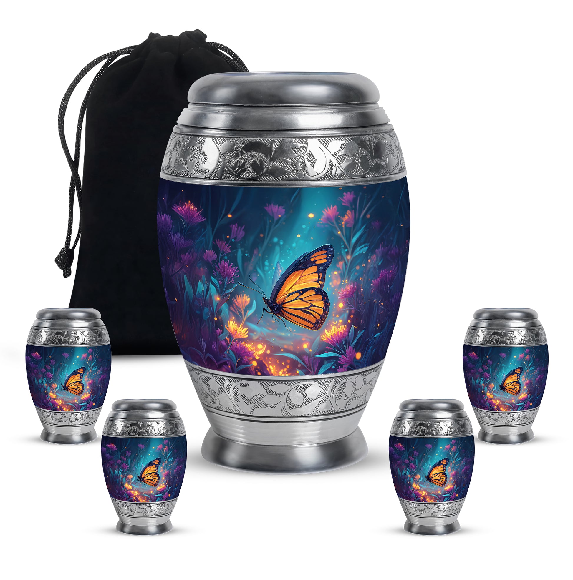 Vivid Blue Butterfly Cremation Urn detail view - majestic butterfly pattern with filigree border - memorial set with one large and four small urns