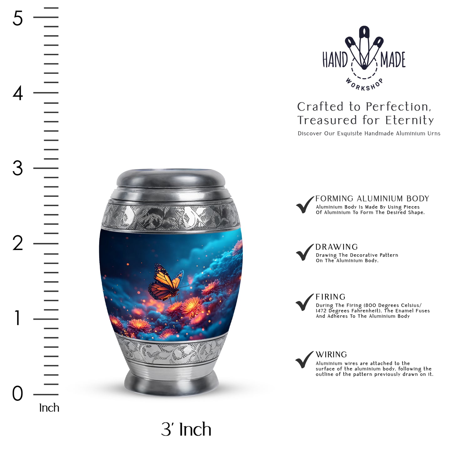 Icy Blue Butterfly Cremation Urn lifestyle display on memorial shelf - regal butterfly design with crown-inspired accents - mini keepsake memorial for portion of cremation ashes