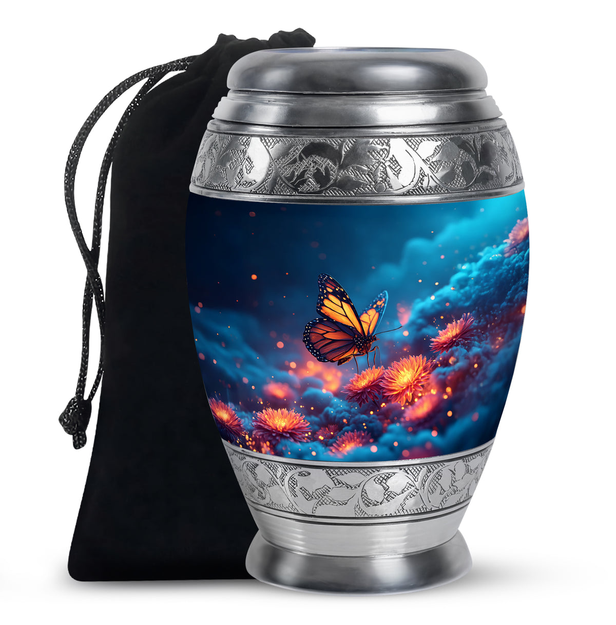 Powder Blue Butterfly Cremation Urn back view with polished surface - ornate monarch-style butterfly relief on brushed aluminum - full-size 10 inch 200 cubic inch adult cremation urn