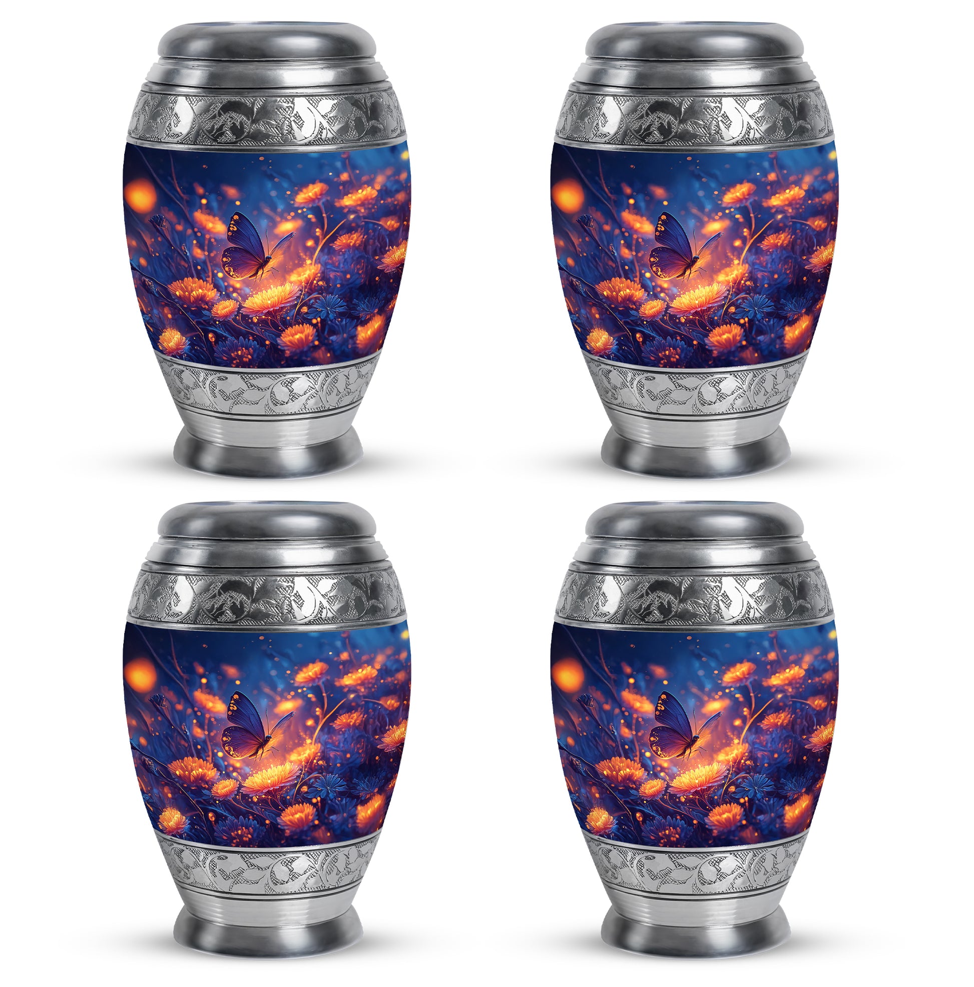 Slate Blue Butterfly Cremation Urn urn with complimentary velvet bag - ornate monarch-style butterfly relief on brushed aluminum - 10 inch aluminum urn for cremated remains