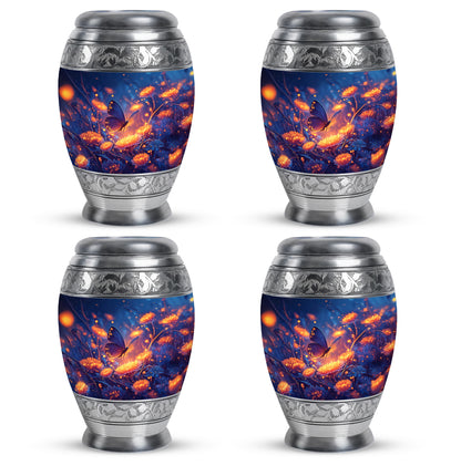 Slate Blue Butterfly Cremation Urn urn with complimentary velvet bag - ornate monarch-style butterfly relief on brushed aluminum - 10 inch aluminum urn for cremated remains